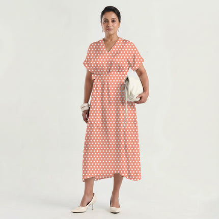 Coral Wash Polka Dot Print Fabric made up as a dress, design 20416, Clothwala