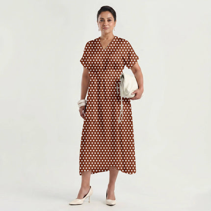 Deep Rust Polka Dot Print Fabric made up as a dress, design 20417, Clothwala