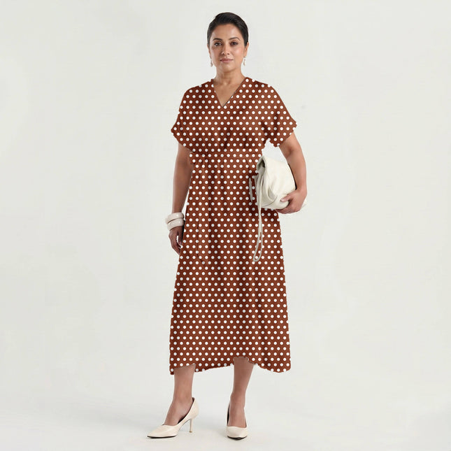 Deep Rust Polka Dot Print Fabric made up as a dress, design 20417, Clothwala
