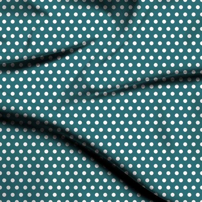 Deep Teal polka dot digital print fabric — small white dots, close-up texture