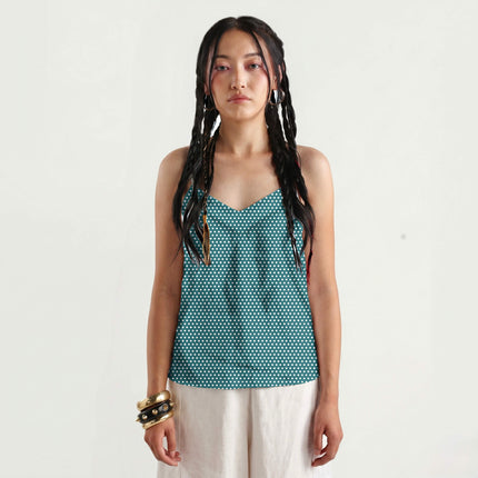 Deep Teal polka dot dress fabric for womenswear — full repeat