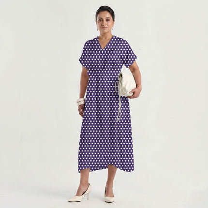Deep Violet Polka Dot Print Fabric made up as a dress, design 20433, Clothwala
