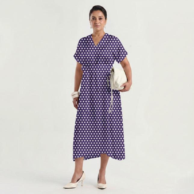 Deep Violet Polka Dot Print Fabric made up as a dress, design 20433, Clothwala