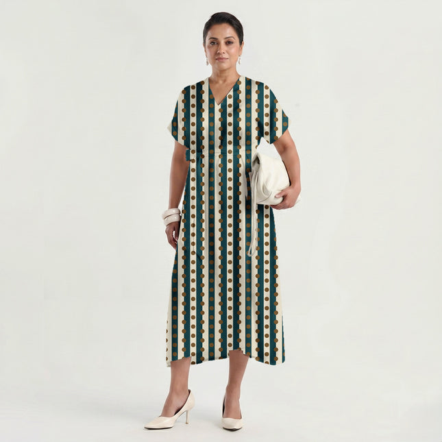 Deep Teal & Bronze Dot Stripe Print Fabric made up as a dress, design 20531, Clothwala