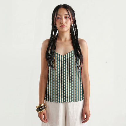 Deep Teal & Bronze Dot Stripe Print Fabric for women's dresses, design 20531, Clothwala