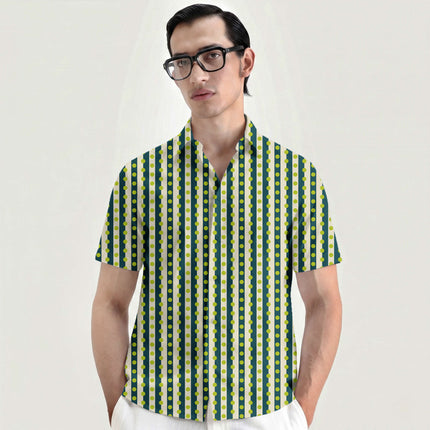 Deep Teal & Lime Glow Dot Stripe Print Fabric for men's shirting, design 20539, Clothwala