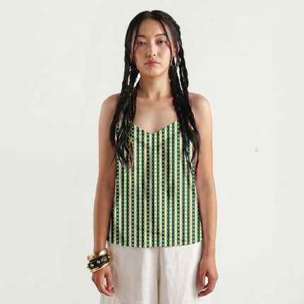Deep Teal & Lime Glow Dot Stripe Print Fabric for women's dresses, design 20539, Clothwala