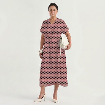 Dusty Rose Black Polka Dot Print Fabric made up as a dress, design 20460, Clothwala