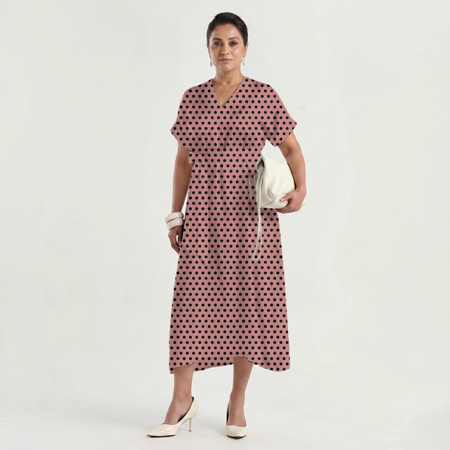 Dusty Rose Black Polka Dot Print Fabric made up as a dress, design 20460, Clothwala