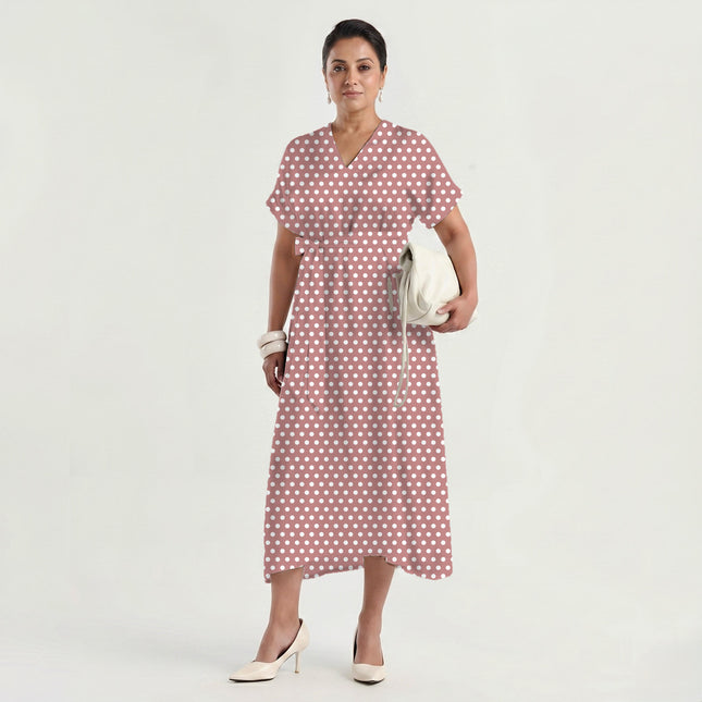 Dusty Rose Polka Dot Print Fabric made up as a dress, design 20422, Clothwala