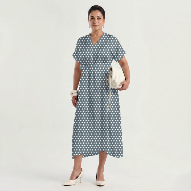 Dutch Canal Polka Dot Print Fabric made up as a dress, design 20448, Clothwala
