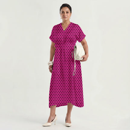Electric Fuchsia Black Polka Dot Print Fabric made up as a dress, design 20463, Clothwala