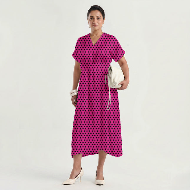 Electric Fuchsia Black Polka Dot Print Fabric made up as a dress, design 20463, Clothwala