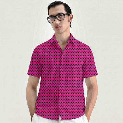 Electric Fuchsia Black Polka Dot Print Fabric for men's shirting, design 20463, Clothwala