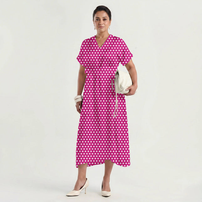 Electric Fuchsia Polka Dot Print Fabric made up as a dress, design 20421, Clothwala