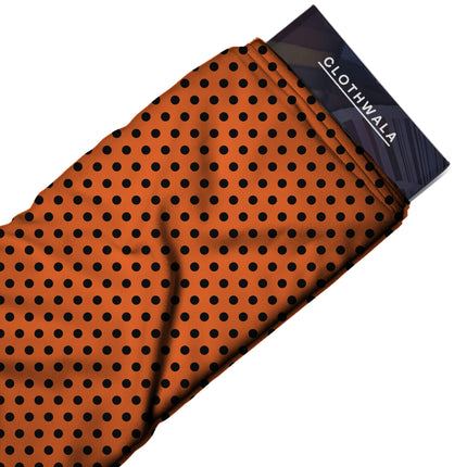 Energy Orange Black Polka Dot Print Fabric — 2026 polka dot trend fabric, design 20455, Clothwala