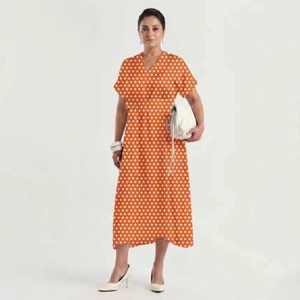 Energy Orange Polka Dot Print Fabric made up as a dress, design 20412, Clothwala