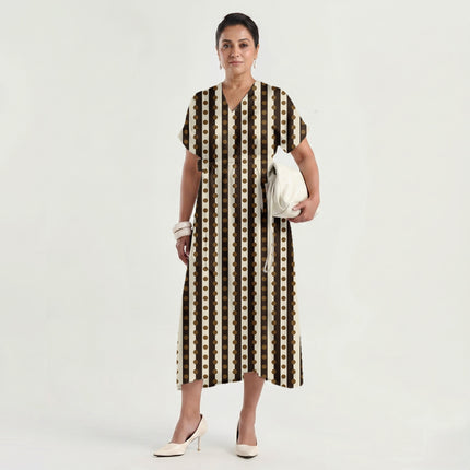 Espresso & Bronze Dot Stripe Print Fabric made up as a dress, design 20538, Clothwala