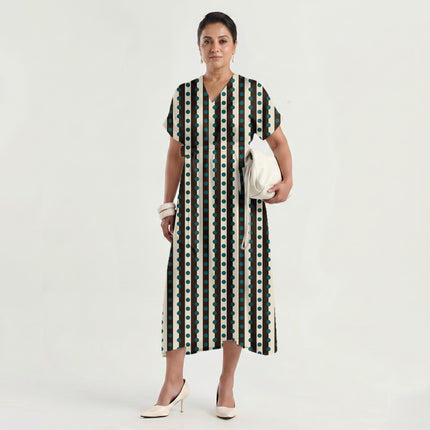 Espresso & Teal Dot Stripe Print Fabric made up as a dress, design 20549, Clothwala