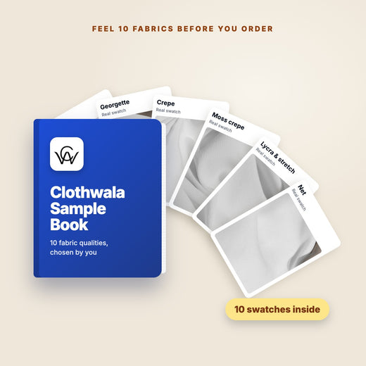 Clothwala fabric sample book with 10 real fabric swatches: chiffon, georgette, crepe, moss crepe, lycra and net