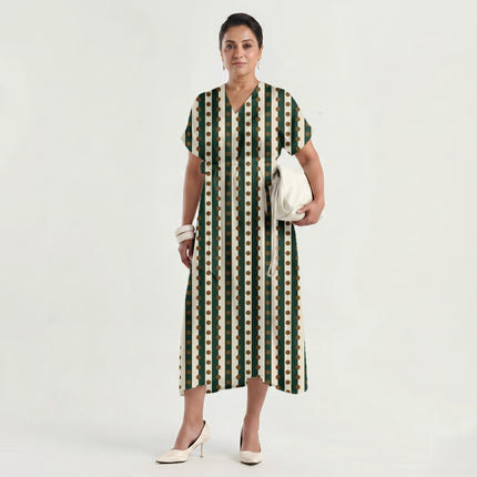 Forest Green & Bronze Dot Stripe Print Fabric made up as a dress, design 20536, Clothwala