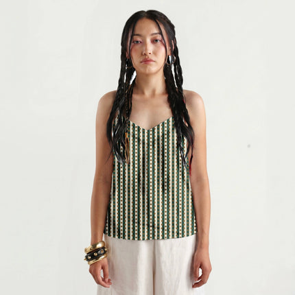 Forest Green & Bronze Dot Stripe Print Fabric for women's dresses, design 20536, Clothwala