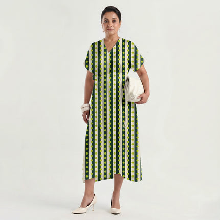 Forest Green & Lime Glow Dot Stripe Print Fabric made up as a dress, design 20529, Clothwala