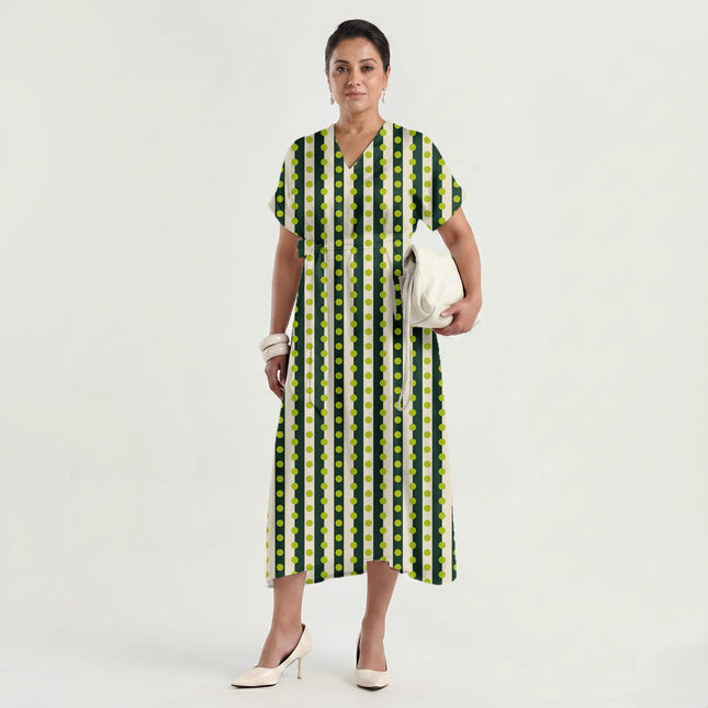 Forest Green & Lime Glow Dot Stripe Print Fabric made up as a dress, design 20529, Clothwala