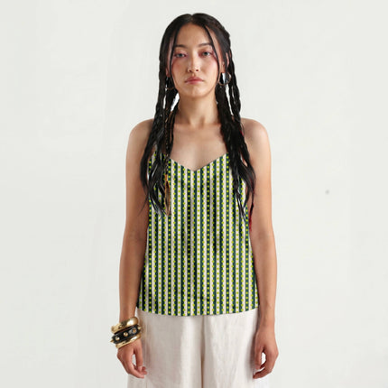 Forest Green & Lime Glow Dot Stripe Print Fabric for women's dresses, design 20529, Clothwala