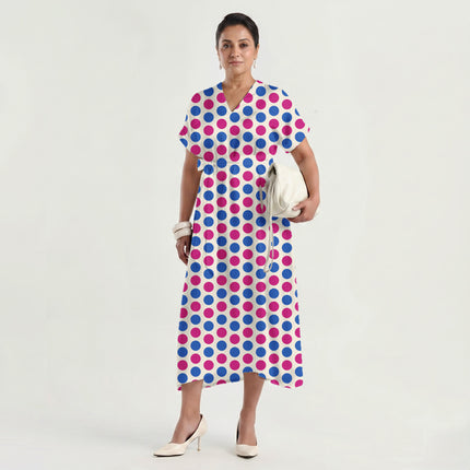 Electric Fuchsia & Luminous Cobalt Polka Dot Print Fabric made up as a dress, design 20498, Clothwala