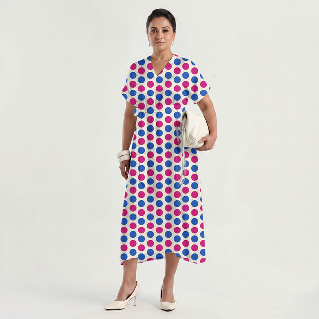 Electric Fuchsia & Luminous Cobalt Polka Dot Print Fabric made up as a dress, design 20498, Clothwala