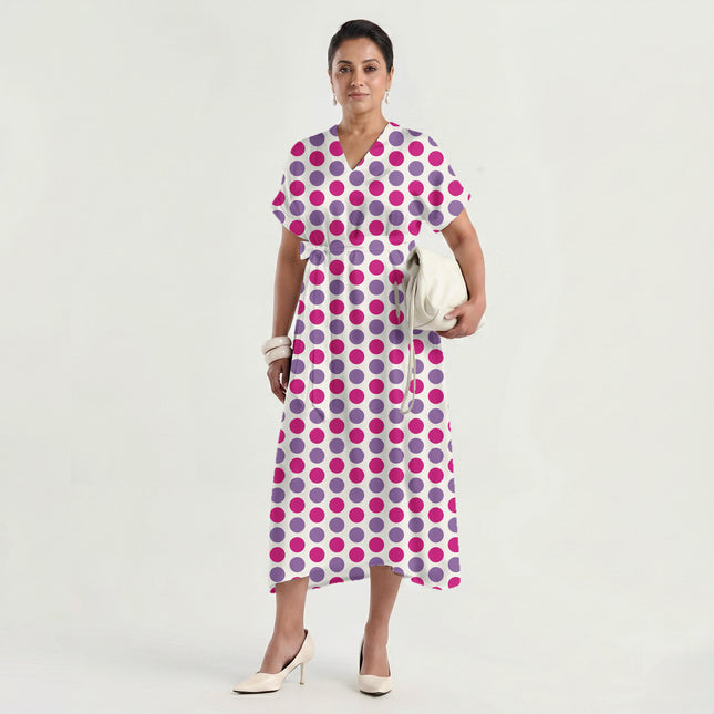 Electric Fuchsia & Amethyst Orchid Polka Dot Print Fabric made up as a dress, design 20480, Clothwala