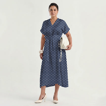 Ink Navy Polka Dot Print Fabric made up as a dress, design 20406, Clothwala