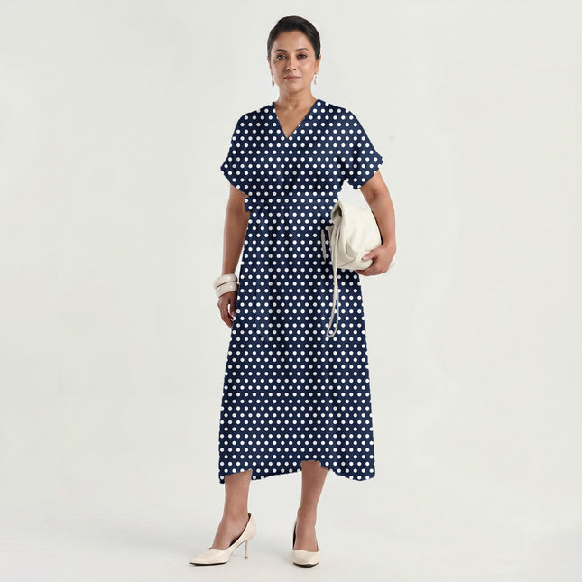 Ink Navy Polka Dot Print Fabric made up as a dress, design 20406, Clothwala
