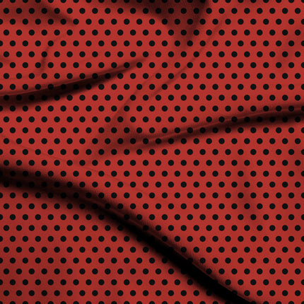 Lava Falls Red Black Polka Dot Print Fabric — flat fabric view, design 20456, Clothwala