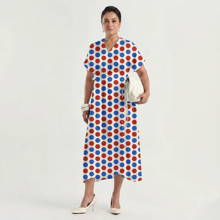Lava Red & Luminous Blue Polka Dot Print Fabric made up as a dress, design 20476, Clothwala