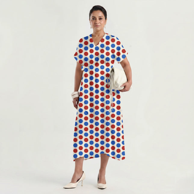Lava Red & Luminous Blue Polka Dot Print Fabric made up as a dress, design 20476, Clothwala