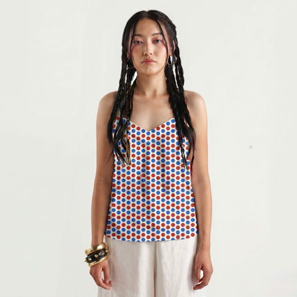 Lava Red & Luminous Blue Polka Dot Print Fabric for women's dresses, design 20476, Clothwala