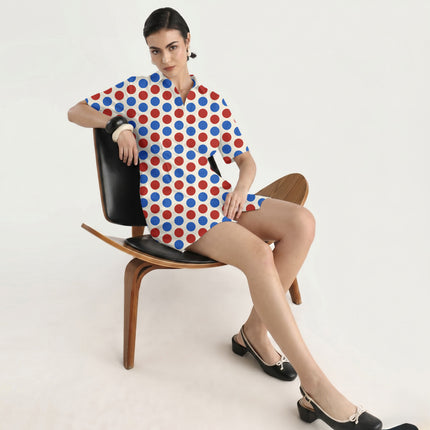 Lava Red & Luminous Blue Polka Dot Print Fabric in 2026-27 trending womenswear, design 20476, Clothwala