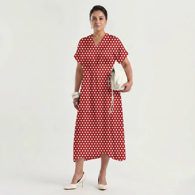 Lava Red Polka Dot Print Fabric made up as a dress, design 20410, Clothwala