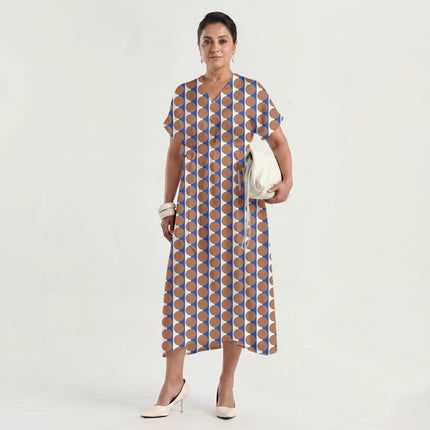 Luminous Blue & Terracotta Clay Dot Stripe Print Fabric made up as a dress, design 20521, Clothwala