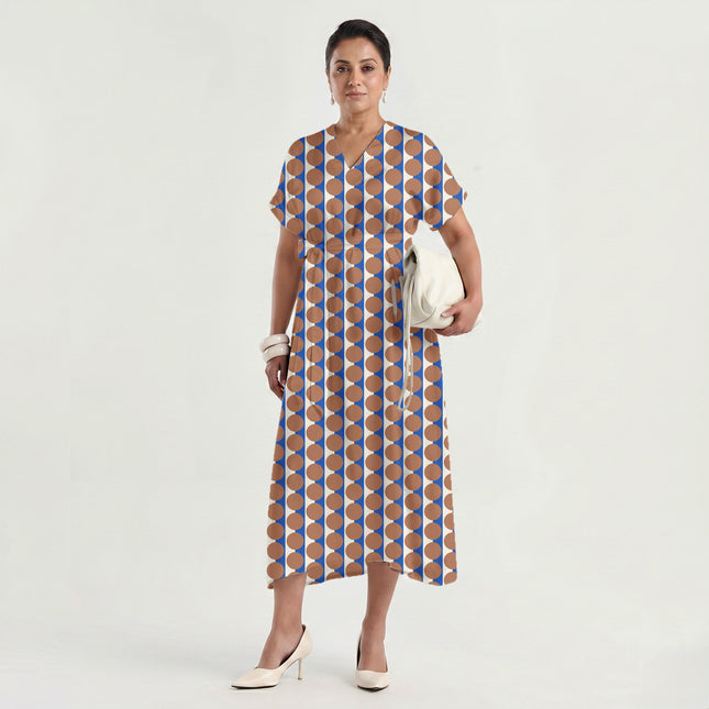 Luminous Blue & Terracotta Clay Dot Stripe Print Fabric made up as a dress, design 20521, Clothwala