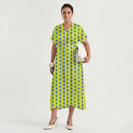 Luminous Blue & Lime Glow Dot Stripe Print Fabric made up as a dress, design 20513, Clothwala