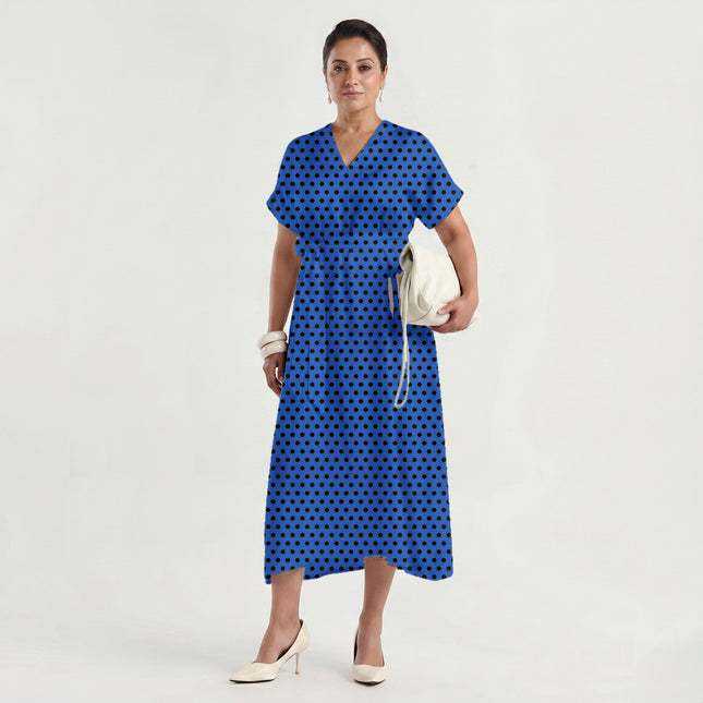 Luminous Blue Black Polka Dot Print Fabric made up as a dress, design 20467, Clothwala