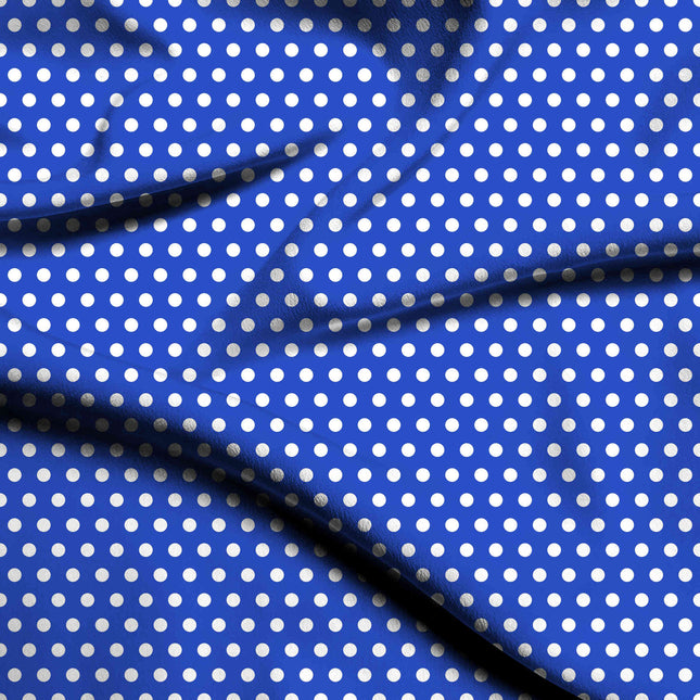 Luminous Cobalt polka dot digital print fabric — small white dots, close-up texture
