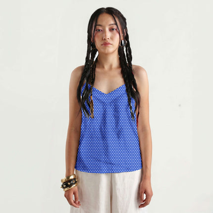 Luminous Cobalt polka dot dress fabric for womenswear — full repeat