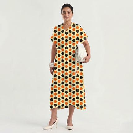 Mandarin Orange & Chocolate Brown Polka Dot Print Fabric made up as a dress, design 20481, Clothwala