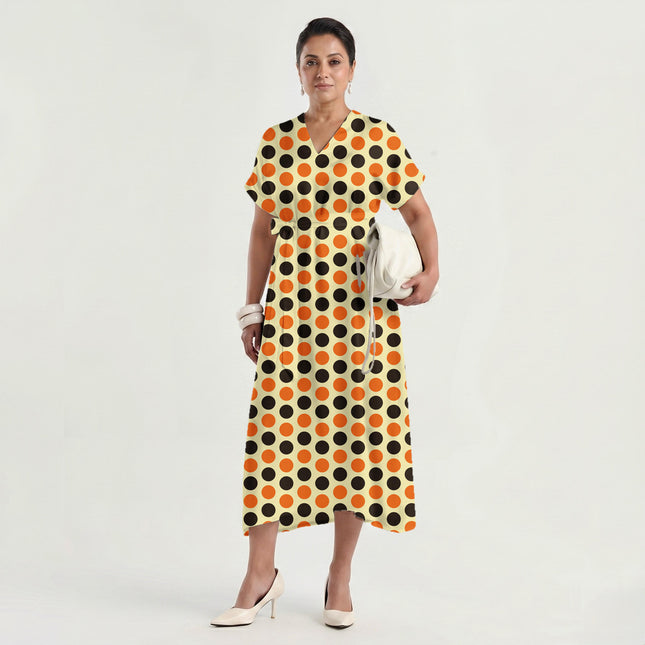 Mandarin Orange & Chocolate Brown Polka Dot Print Fabric made up as a dress, design 20481, Clothwala