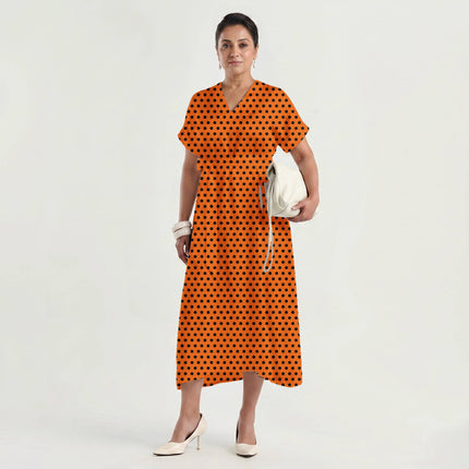 Mandarin Orange Black Polka Dot Print Fabric made up as a dress, design 20454, Clothwala