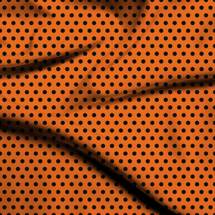 Mandarin Orange Black Polka Dot Print Fabric — flat fabric view, design 20454, Clothwala